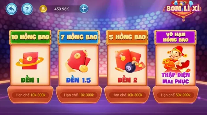 Giao diện các phòng chơi trong game Bom Lì Xì của CF68