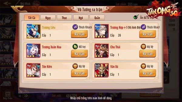 Có 6 danh tướng cho mỗi ván game